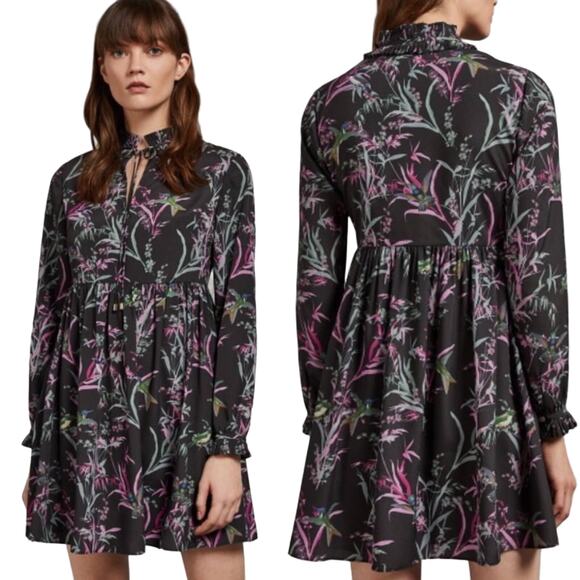 Ted Baker Duclin Floral Fit & Flare Mini Dress Hummingbird Print Black Womens 6 - Picture 1 of 10